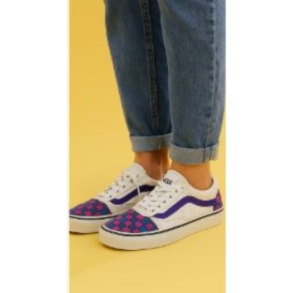 Vans Off the Wall Size 7 Checkered Design Canvas Shoes Pink Blue Purple Tennis - Picture 3 of 14